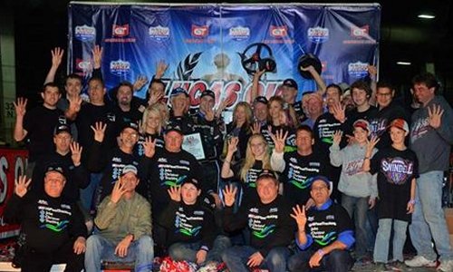 Winnin' On Tulsa Time: Kevin Swindell and his team celebrate in victory lane after Swindell scored his fourth straight Chili Bowl Nationals victory Saturday night at Tulsa Expo Raceway.  Photo by Joe Orth