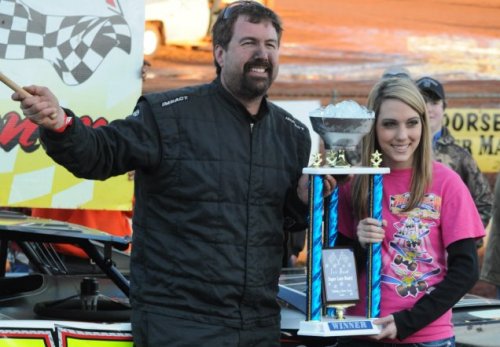 Ross Martin is all smiles in victory lane after winning the 22nd annual Ice Bowl at Talladega Short Track Sunday.  Photo courtesy NeSmith Chevy DLMS