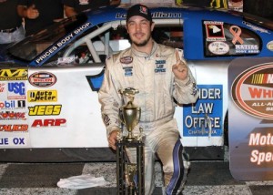 Lee Pulliam, seen here from an earlier victory, swept both Late Model Stock features Saturday night at Southern National Motorsports Park.  Photo by James Price