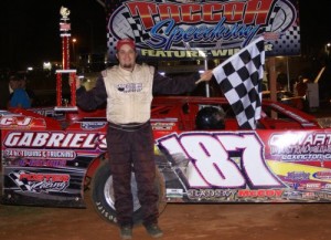 David McCoy, seen here from an earlier victory, picked up the Limited Late Model feature victory at Lavonia Speedway Friday night. Photo by Terry Spackman