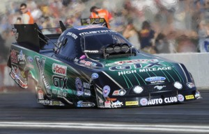 John Force stayed on top of the Funny Car scoring pylon in Saturday qualifying on Saturday at Kent.  Photo courtesy NHRA Media