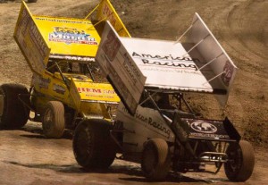 Kerry Madsen (29), seen here from earlier action, scored his third World of Outlaws STP Sprint Car victory of the year Saturday night at Lakeside Speedway.  Photo by Karl Buiter