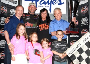 Burt Myers celebrates in victory lane after scoring the Modified feature win Saturday night at Bowman Gray Stadium.  Photo by Eric Hylton Photography