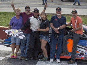 Devin Steele celebrates with his team after scoring the Late Model Stock victory Sunday afternoon at Franklin County Speedway.  Photo courtesy Devin Steele/Facebook