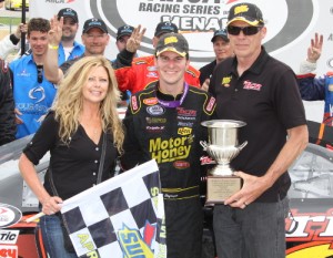 Grant Enfinger celebrates with car owners Howard and Paula Bixman in victory lane after scoring his third straight ARCA Racing Series victory Sunday afternoon at Salem Speedway.  Photo courtesy ARCA Media