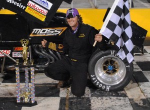 Johnny Bridges is all smiles in victory lane after winning the USCS Winged Sprint Car feature at Anderson Motor Speedway Friday night.  Photo by Christy Kelley