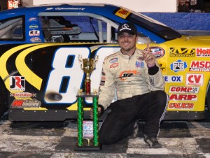 Josh Berry celebrates in victory lane after scoring Saturday night's Late Model feature victory at Hickory Motor Speedway.  Photo by Sherri Stearns