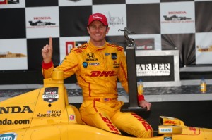 Ryan Hunter-Reay celebrates his victory in Sunday's Honda Indy Grand Prix of Alabama.  Photo by Chris Jones