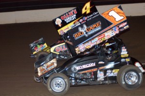 Sammy Swindell (1), seen here from earlier action, scored the win in the World of Outlaws STP Sprint Car feature at Federated Auto Parts Raceway.  Photo courtesy WoO Media