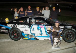 T.J. Reaid celebrates with team members after winning Saturday night's ARCA/CRA Super Series feature at Anderson Speedway.  Photo courtesy CRA Media