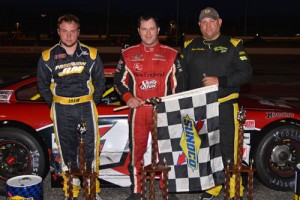 Travis Benjamin (center) scored the win in the PASS North Super Late Model Series season opener over Richie Dearborn (right) and D.J. Shaw (left) at Oxford Plains Speedway.  Photo courtesy PASS Media