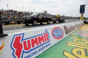 Persistent rain shows in Northeast Georgia finally won out, forcing NHRA Mello Yello Drag Racing officials to push the finals for the Southern Nationals at Atlanta Dragway to Monday.  Photo courtesy NHRA Media