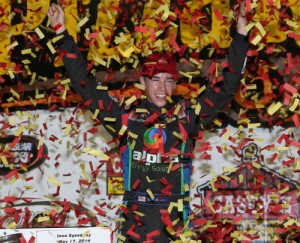 Ben Rhodes celebrates in victory lane after winning Saturday night's NASCAR K&N Pro Series race at Iowa Speedway. Photo by Getty Images for NASCAR