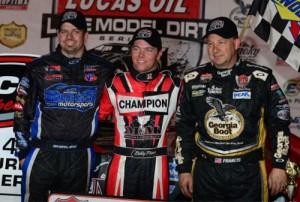 Bobby Pierce (center) beat out Brian Shirley (left) and Steve Francis (right) to score the Lucas Oil Dirt Late Model Series feature win at Macon Speedway last Thursday night.  Photo courtesy LODLMS Media