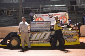 Brent Barrett of Cleveland, MS celebrates his first career NeSmith Chevrolet Dirt Late Model Series win with his father Jimmy Barrett on Saturday night at Whynot Motorsports Park. Photo by Chris Creighton