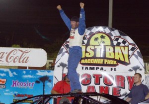 Bryan Bernhardt returned to East Bay Raceway Park's victory lane for the first time since 2011 in Late Model action Saturday night.  Photo by Rick's Darkroom