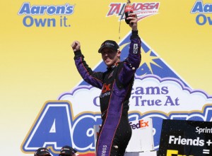 Denny Hamlin celebrates in victory lane after winning Sunday's NASCAR Sprint Cup Series race at Talladega Superspeedway. Photo by NASCAR Via Getty Images