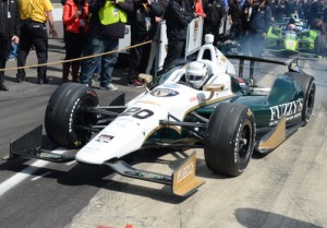 Ed Carpenter heads out to qualify during Saturday's first qualification round at Indianapolis Motor Speewday.  Carpenter topped the speed charts, and locked himself into Sunday's nine-car shootout for the pole for next week's Indianapolis 500.  Photo by Jim Haines