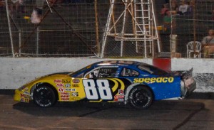 Josh Berry streaks under the finish line for his fourth Late Model victory in five races Saturday night at Hickory Motor Speedway.  Photo by Sherri Stearns