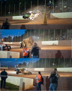 Kerry Carden took this wild tumble down the frontstretch in the first Hobby Stock feature at Senoia Raceway Saturday night.  Carden escaped uninjured.  Photos by Francis Hauke/22fstops.com