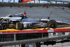 Kurt Busch's car after is taken back to Gasoline Alley after a crash in practice at the Indianapolis Motor Speedway on Monday.  Busch was uninjured in the accident.  Photo by Mike Young