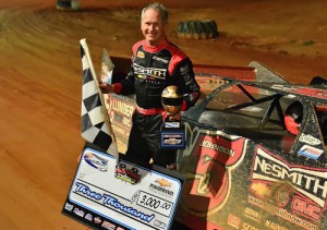 Ronnie Johnson of Chattanooga, TN celebrates his first career Chevrolet Performance Super Late Model Series win on Saturday night at Penton Raceway in Penton, AL. Photo by Eric S. Gano