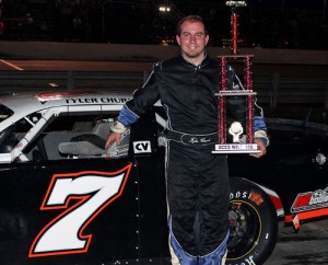 Tyler Church made the trip to victory lane after scoring the PASS South Super Late Model victory Friday night at Ace Speedway.  Photo by Laura / LWpictures.com