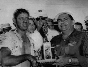 Wilbur Rakestraw (left) is congratulated in victory lane at Atlanta's Lakewood Speedway in the late 1950s.  Rakestraw, a 2008 inductee into the Georgia Racing Hall of Fame, passed away Wednesday at the age of 85.  Photo courtesy Georgia Racing Hall of Fame