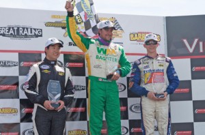 Andrew Ranger (center) celebrates after scoring the ARCA Racing Series victory Sunday afternoon at New Jersey Motorsports Park. Brian Wong (left) finished in second, with Matt Tifft (right) in third.  Photo courtesy ARCA Media