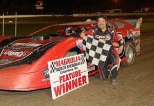 Ashley Newman of Ripley, TN topped a 43-car field and picked up the $1,000 to prize on Saturday night at Magnolia Motor Speedway in Columbus, MS with his sixth NeSmith Chevrolet Weekly Racing Series Late Model win of the season.  Photo by Foto 1