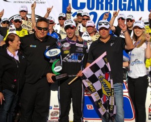 Austin Theriault celebrates with his Venturini Motorsports team after scoring the win in his first ever ARCA Series start Friday afternoon at Michigan International Speedway.  Photo courtesy ARCA Media