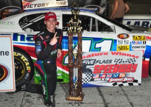 Ben Rhodes scored his third straight NASCAR K&N Pro Series East race Friday night at 5 Flags Speedway.  It marked his fourth series victory of the season.  Photo by Fastrax Photos/Tom Wilsey/Loxley, AL