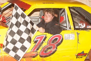 Brandon Brock scored his first win in Mini Stock competition at Senoia Raceway Saturday night.  Photo by Francis Hauke/22fstops.com