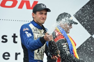 Carlos Huertas celebrates after scoring his first career Verizon IndyCar Series victory Saturday in the first of two races as a part of the Grand Prix of Houston in Texas.  Photo by Chris Owens