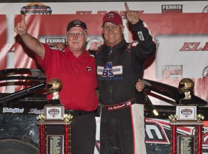 Dale McDowell celebrates in victory lane after scoring the $100,000 victory in the Dirt Late Model Dream race at Eldora Speedway.  Photo by CampbellPhoto.com