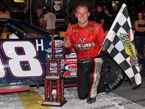 Daniel Hemric is all smiles in victory lane after picking up his third PASS South Super Late Model Series win Saturday night at Southern National Motorsports Park.  Photo by Laura / LWpictures.com