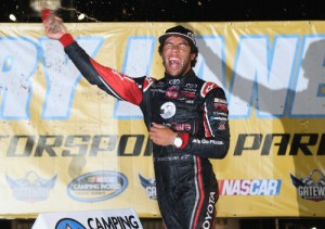 Darrell Wallace, Jr. celebrates in victory lane after winning Saturday night's NASCAR Camping World Truck Series at Gateway Motorsports Park.  Photo by Todd Warshaw/NASCAR via Getty Images