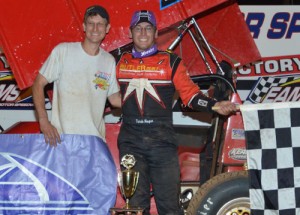 Derek Hagar raced to his sixth USCS Sprint Car win of the season in Saturday night's Randy Helton Memorial at East Alabama Motor Speedway. Photo by Chris Seelman