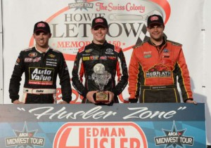 Erik Jones (center) outdistanced Griffin McGrath (right) and Chad Finley (left) for the win in Sunday's Howie Lettow Memorial 150 at the Milwaukee Mile.  Photo by FastLapPhoto.com/Courtesy ARCA Midwest Tour