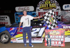 Forrest Gough scored his fifth Limited Late Model feature of the season Saturday night at East Bay Raceway Park.  Photo courtesy EBRP Media