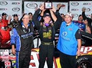 Grant Enfinger celebrates with his team after scoring the ARCA Racing Series victory Saturday night at Elko Speedway.  Photo courtesy ARCA Media