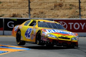 Kyle Larson catches some air en route to the victory in Saturday's NASCAR K&N Pro Series West race at Sonoma Raceway.  Photo by Getty Images for NASCAR