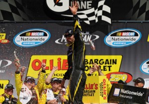 Paul Menard celebrates in victory lane after winning Saturday's NASCAR Nationwide Series race at Michigan International Speedway.  Photo by Jonathan Moore/NASCAR via Getty Images