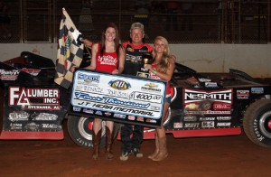 Ronnie Johnson celebrates his second straight J.T. Kerr Memorial 40 victory on Saturday night at 411 Motor Speedway.  Photo by Chad Wells