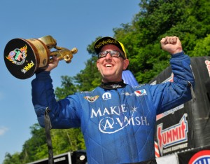 Tommy Johnson, Jr. celebrates after scoring his first NHRA Funny Car victory in seven years at Sunday's Thunder Valley Nationals at Bristol Dragway.  Photo courtesy NHRA Media