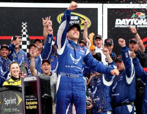 Aric Almirola celebrates in Victory Lane after winning Sunday's rain delayed NASCAR Sprint Cup Series race after it was called for weather at Daytona International Speedway.  Photo by Chris Graythen/NASCAR via Getty Images