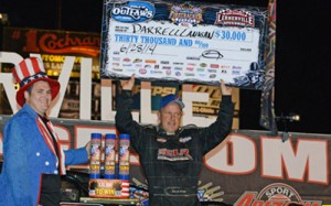 Darrell Lanigan scored a $30,650 payday by capturing Saturday night's rain shortned Firecracker 100 at Lernerville Speedway.  Photo courtesy WoO LMS Media