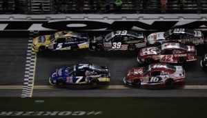 Kasey Kahne (5) edges Regan Smith (7) to take the victory in Friday night's NASCAR Nationwide Series race at Daytona International Speedway. Photo by Scott Halleran/NASCAR via Getty Images