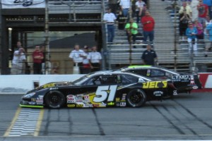 Kyle Busch (51) nips John Hunter Nemechek (8) at the finish line to score the ARCA/CRA Super Series win Friday at Lucas Oil Raceway.  Photo courtesy CRA Media