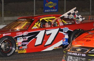 Travis Benjamin takes a victory lap after scoring the victory in Sunday's 41st annual Oxford 250 at Oxford Plains Speedway.  Photo by Norm Marx